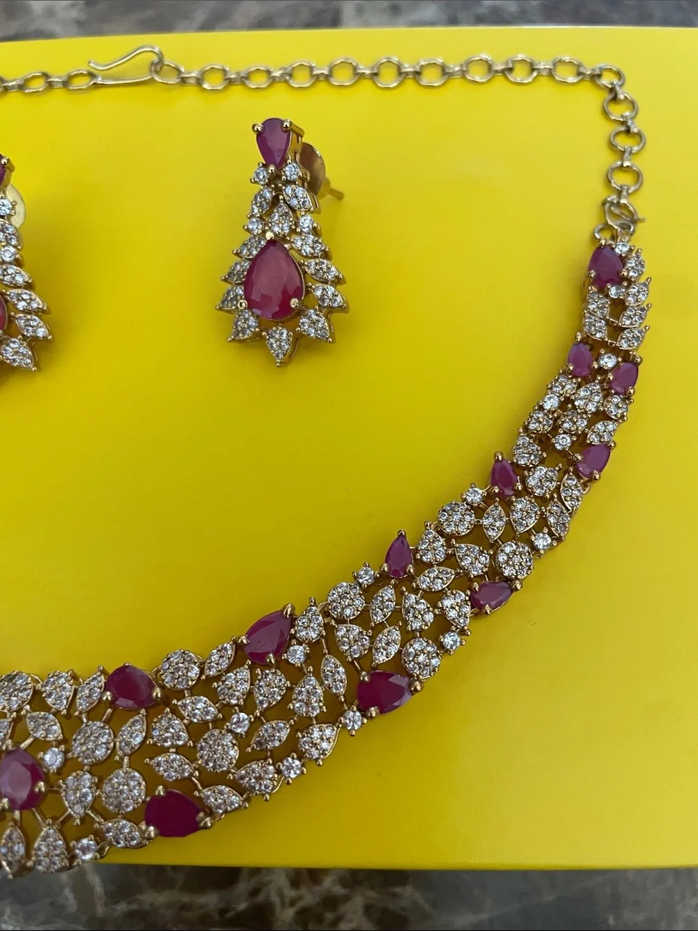 Gold-Tone Necklace and Earring Set with Ruby-Red Stones